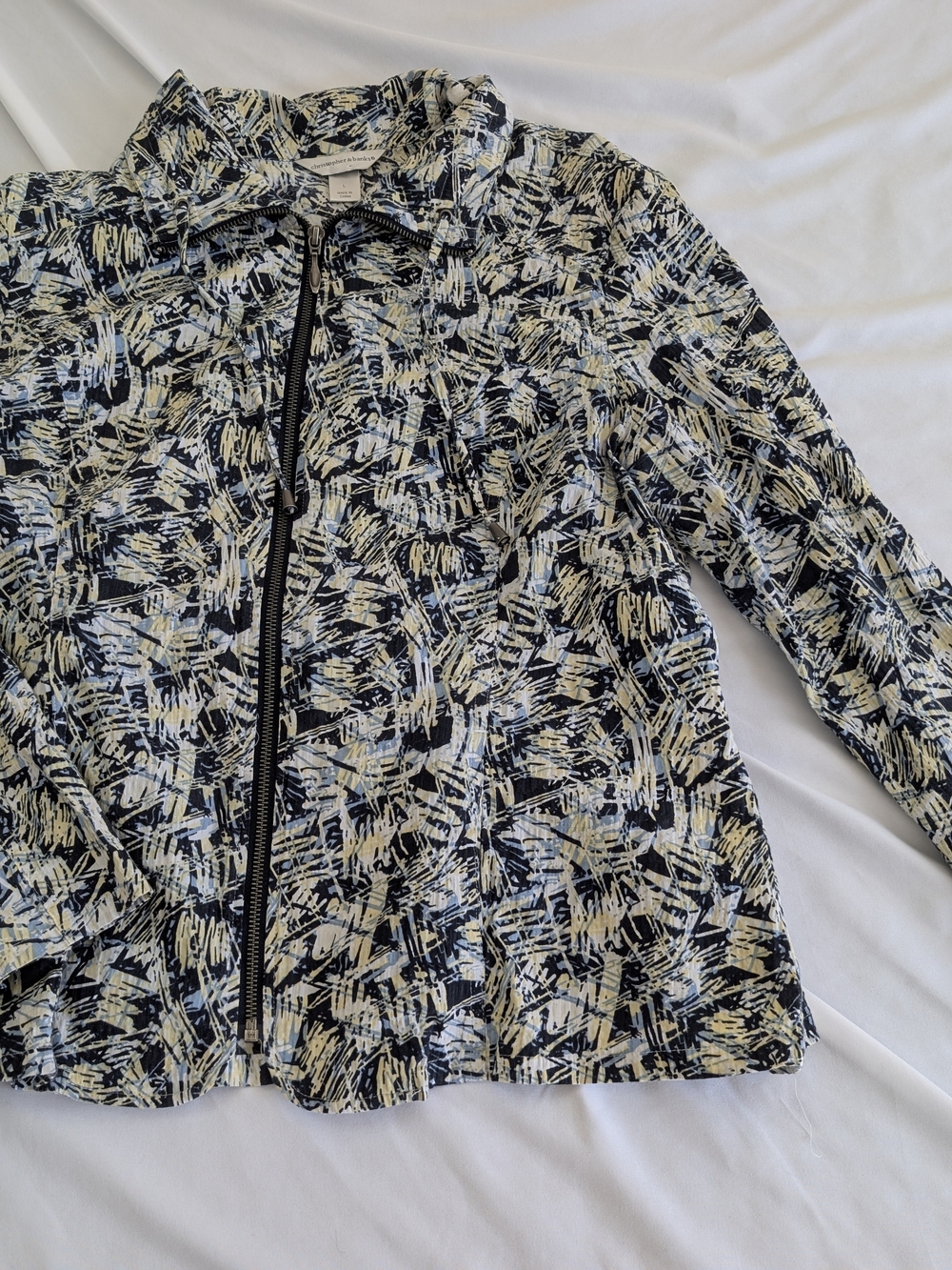Womens Abstract Print Zip Jacket - Navy White & Yellow